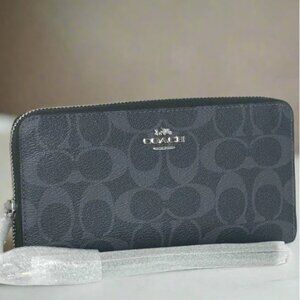 Coach Long Zip Phone Wallet Blue Wristlet C4452 Canvas Leather ORGPKG Silver
